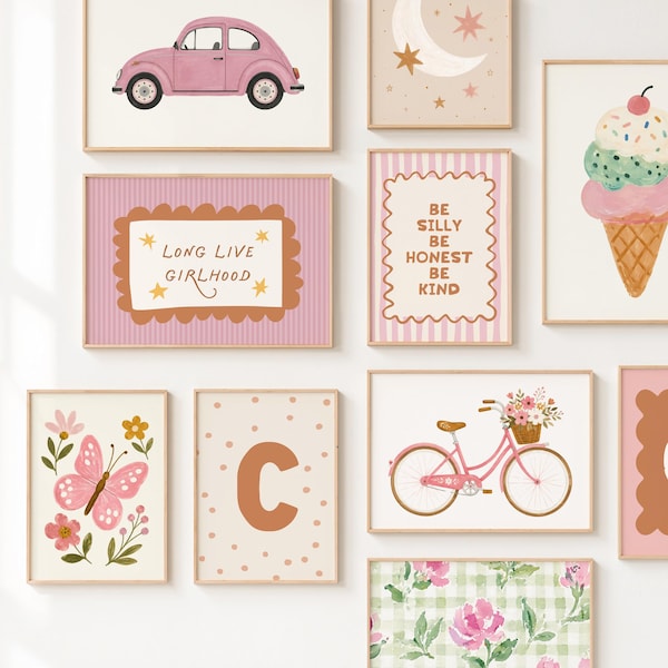 Set of 70+ Girls Room Prints: Pink Beige Wall Art Set, Cottagecore, Initial prints (Digital Download)