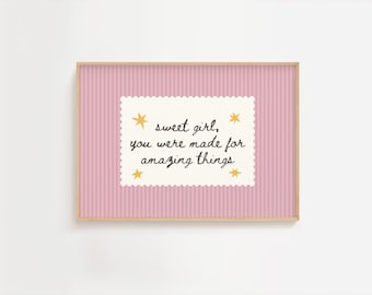 Sweet Girl You Were Made for Amazing Things Print, Whimsy Typography Print, Quote Print, Stars Print, Retro Vintage Kids Room, Striped