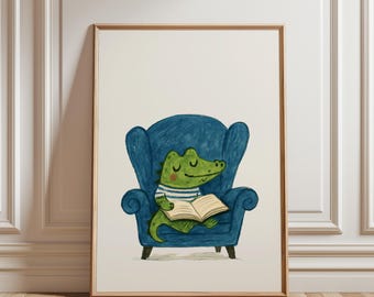 Crocodile Reading Poster: Whimsical Kids Classroom Art (Digital Download)