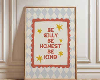 Stampa "Be Silly Honest Kind Circus", poster retrò per bambini, stampa a rombi Argyle, decorazione per la stanza dei giochi.