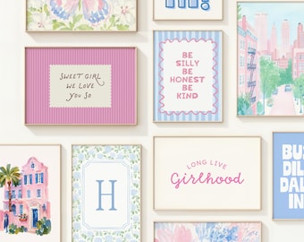 Stampe per la camera da ragazza in stile preppy coquette, dormitorio preppy, ortensie, farfalle, stile Grandmillennial, rosa e blu