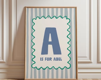 Stampa digitale personalizzata con nome e iniziale, poster retrò a righe personalizzato per bambini, decorazione per la cameretta dei ragazzi.