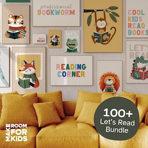 Paquete de 100 pósteres "Leamos", láminas para niños, láminas para sala de juegos, rincón de lectura, láminas de animales, decoración para aulas, educación en casa, arte para bibliotecas