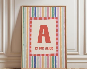 Stampa personalizzata con nome, poster retrò a righe colorate per bambini, decorazione per la cameretta dei giochi.