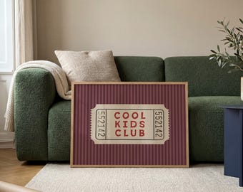 Biglietto per il Cool Kids Club in bordeaux/marrone chiaro, poster retrò, decorazione per la stanza dei giochi (download digitale)