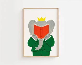 Babar Inspired Art: Whimsy Classroom Decor, Library Decor, Cool Kids Read Books, Playroom, Reading Nook, Book Characters