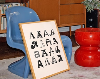 Alphabet Poster for Typography Lovers, Monochrome, Letter A in Cursive, Blackletter, Pixel Font, Doodle and Varsity Styles