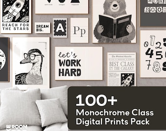 100+ monochrome klasdecorset: zwart-witafdrukken (digitale download)