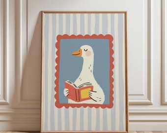Impresión de ganso tonto leyendo, decoración retro para habitación infantil, arte de pared bohemio vintage peculiar para sala de juegos