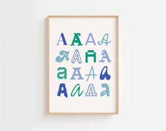 Alphabet Poster for Typography Lovers, Blue Green, Letter A in Cursive, Blackletter, Pixel Font, Doodle and Varsity Styles