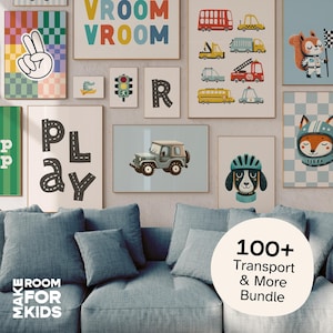 Pacchetto di oltre 100 stampe per bambini, stampe per cameretta con veicoli, decorazioni per cameretta con tema costruzioni, stampe per sala giochi, stampe con auto, set di trasporto, trasporti