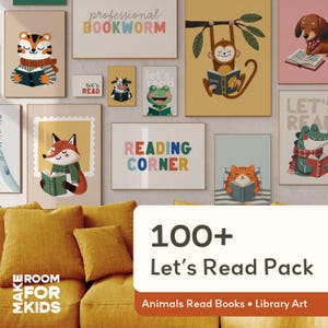 Op de afbeelding: Een verzameling ingelijste kunstprints met illustraties van dieren die boeken lezen. De prints bevatten een tijger, aap, vos, kat, koe, kikker, teckel en alligator. Tekst bevat "Professional Bookworm", "Reading Corner" en "Let's Read".