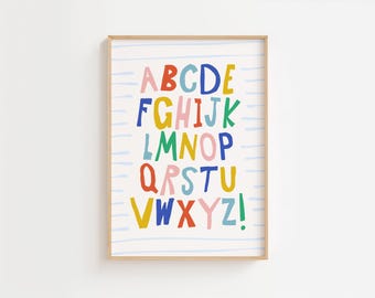 Colorful Alphabet Poster With Stripes Eclectic Print, Whimsy Typography Print, Reading Corner, Whimsical Classroom Decor, Wonky Letters