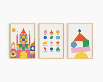 Shapes Poster Set of 3, Playroom Prints, Toddler Classroom Decor, Educational Poster, Homeschool Montessori, Kids Wall Art, Geometric Shapes