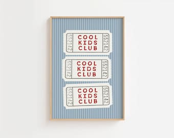 Cool Kids Club Ticket Stub Print in Blue Stripes, Retro Ticket Poster, Playroom Decor (Digital Download)