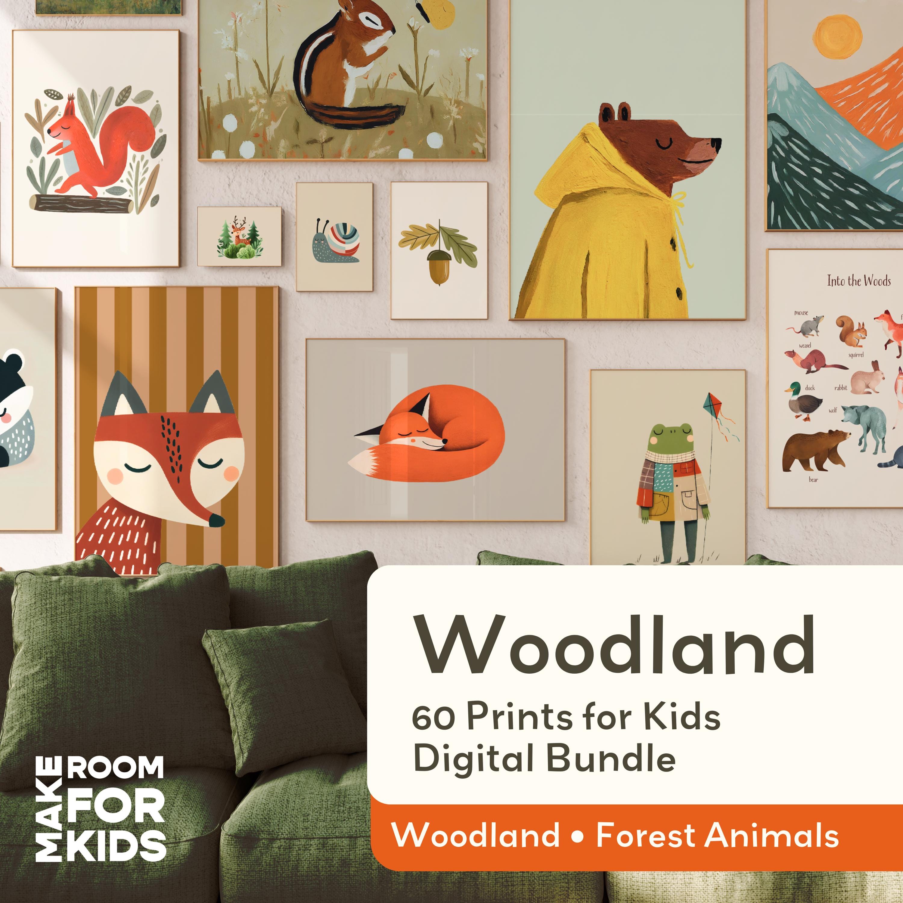 60 Woodland Animals Prints Set: Kids Room Decor, Playroom Wall Art, Autumn (Digital Download)