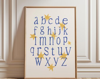 Stampa digitale con alfabeto stellato e fantasioso, arte tipografica, poster colorato con stelle per la cameretta dei bambini.