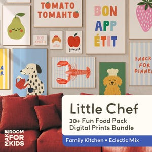 May include: A collection of colorful digital prints with food-themed illustrations, including a pear, tomato, apple, and lobster. The prints also feature text like "Bon Appetit" and "Snacks for Dinner". The phrase "Little Chef" is also visible.