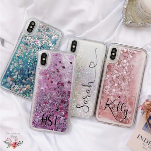Moving Glitter Sparkle iPhone 17 16 15 14 13 12 Pro Max Case Custom Name Shiny Silver iPhone 16 Plus Personalized Purple iPhone 17 Air Cover