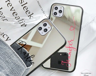 Funda con espejo para iPhone 17, 16, 15, 14 y 13 Pro Max, personalizada en plata, para iPhone 11, 12 Plus, con monograma personalizado y iniciales, para iPhone 17 y iPhone 16+