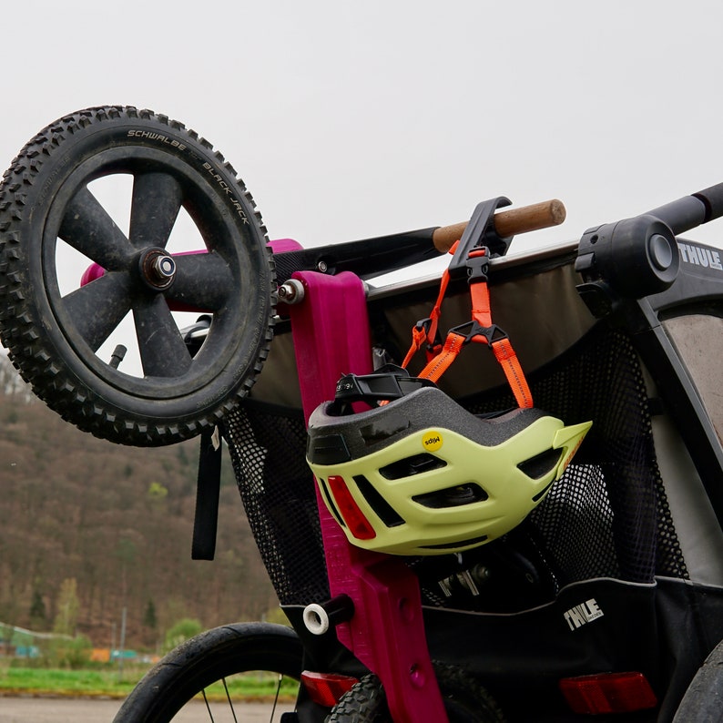 Laufrad und Kinderfahrrad Halterung mit Sicherung für Thule, Aufsteckbare Fahrradhalterung für Thule Kinderwagen, Chariot Zubehör imagem 6