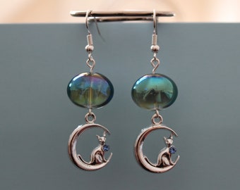 Cat earrings - Half moon cat earrings - Silver cat dangle earrings - Rainbow bead earrings - Animal earrings - Crystal glass beads earrings