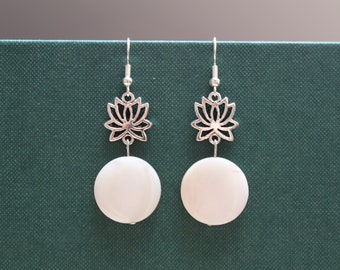 Lotus earrings, Lotus flower earrings, Simple earrings, Antique silver earrings, White earrings, Delicate earrings, Lotus dangle earrings