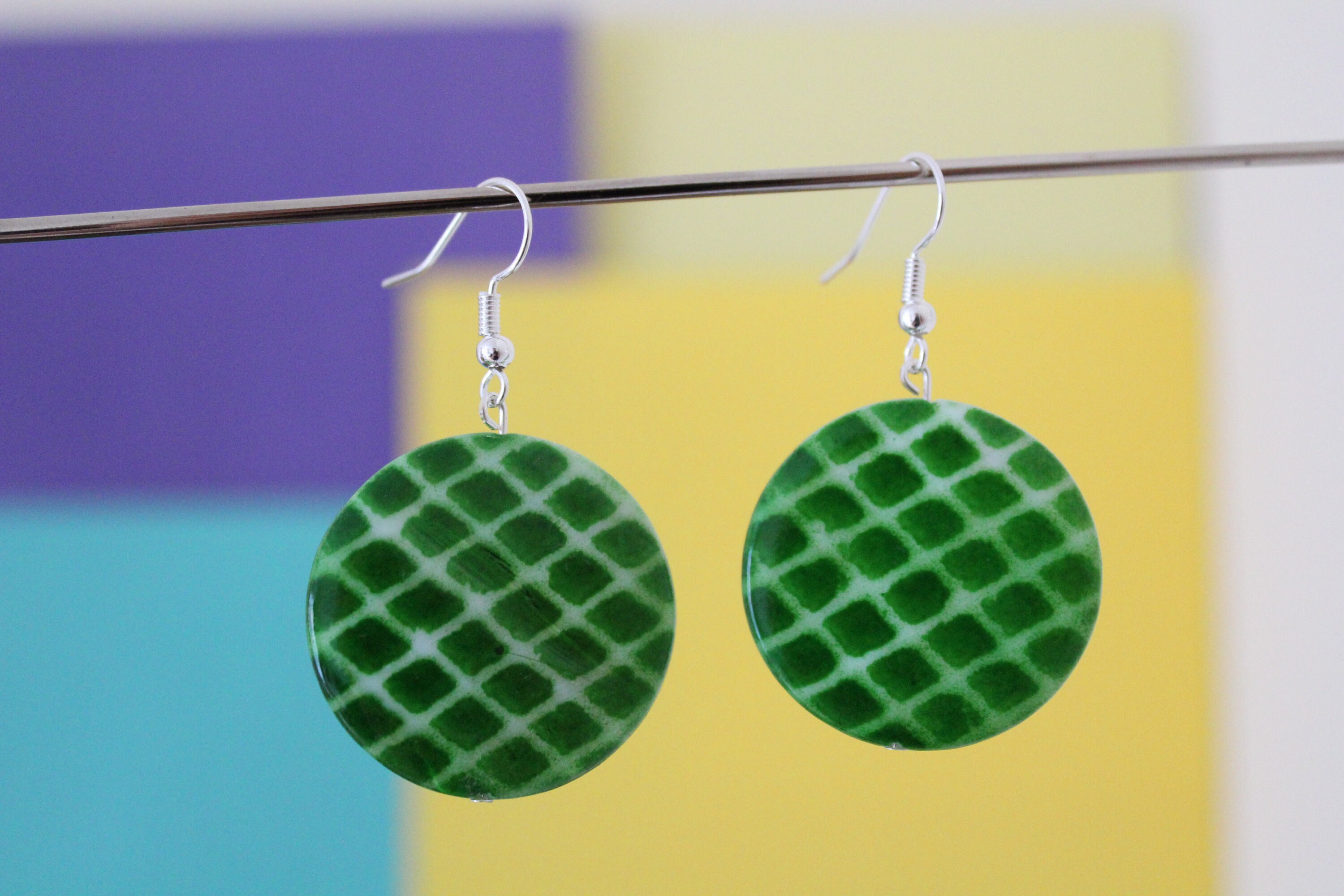 Checkered pattern earrings Green dangle earrings Quirky Etsy