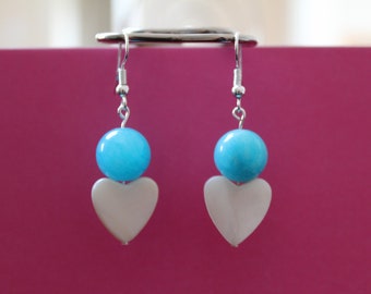 Cute mini heart earrings - Heart drop earrings - Blue bead earrings - Mother of pearl earrings - Valentine's earrings