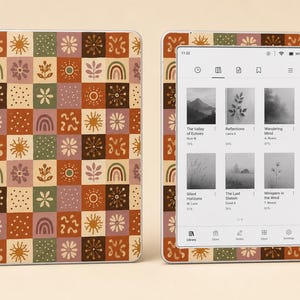 May include: Two e-readers featuring a repeating grid pattern of squares in shades of terracotta, sage green, and cream. The pattern includes icons of suns, flowers, rainbows, and leaves. One device shows a library interface with book covers.