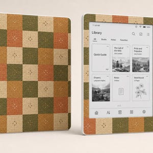 May include: An e-reader device featuring a checkered pattern skin in shades of olive green, burnt orange, and cream. The screen displays a library interface with book titles including The Call of the Wild, Pride and Prejudice, and Dreams.