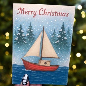 メリークリスマス 帆船グリーティングカード - 心地よい冬の湖の風景