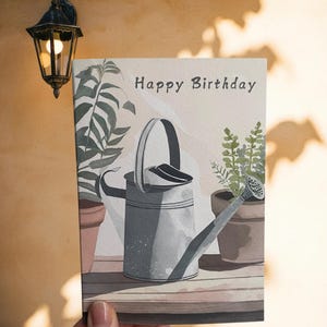 Cartão de aniversário do jardineiro – Regador e plantas