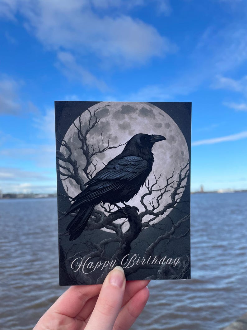Gothic Raven Birthday Card – Dark & Mysterious Full Moon Design - Etsy