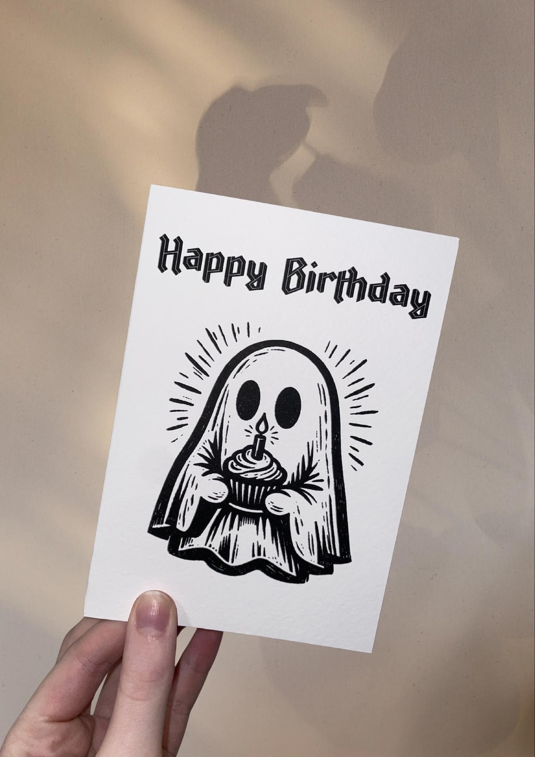 Gothic Ghost Birthday Card – Linocut Style, Cupcake Illustration - Etsy