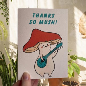 Carte de remerciement champignon : jeu de mots fantaisiste « Merci Mush »