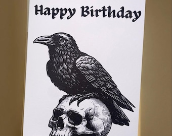 Gothic Raven Skull Birthday Card - Dark Art Greeting