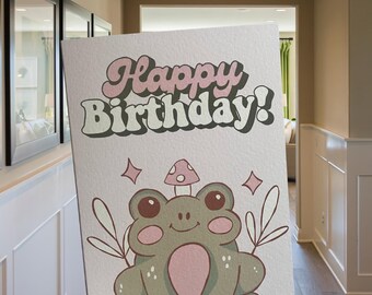 Pastel Frog Birthday Card – Mushroom Design