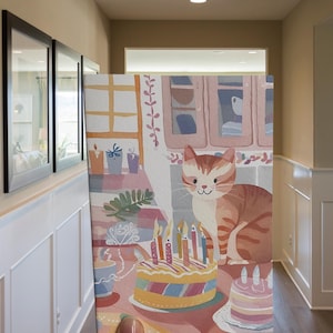 Carte d'anniversaire chat roux - chat dans la cuisine avec gâteau d'anniversaire