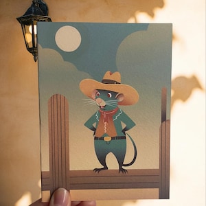 Cartão de felicitações de rato cowboy – Ilustração peculiar de roedor ocidental