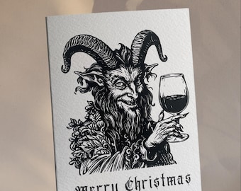 Krampus Christmas Card - Festive Mischief with a Glass of Wine