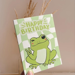 Cute Frog Birthday Card – Green Checkerboard Background