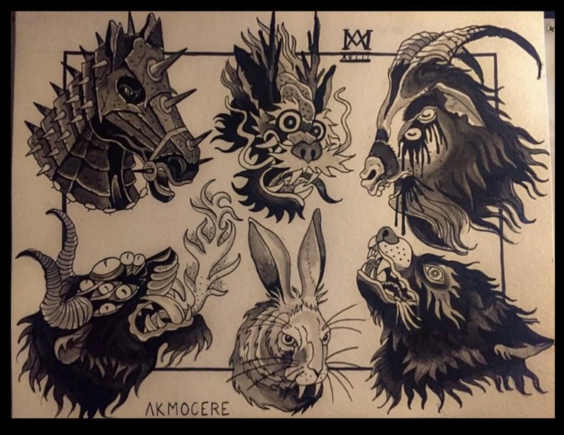 Occult Tattoo Flash Prints set of 4 | Etsy