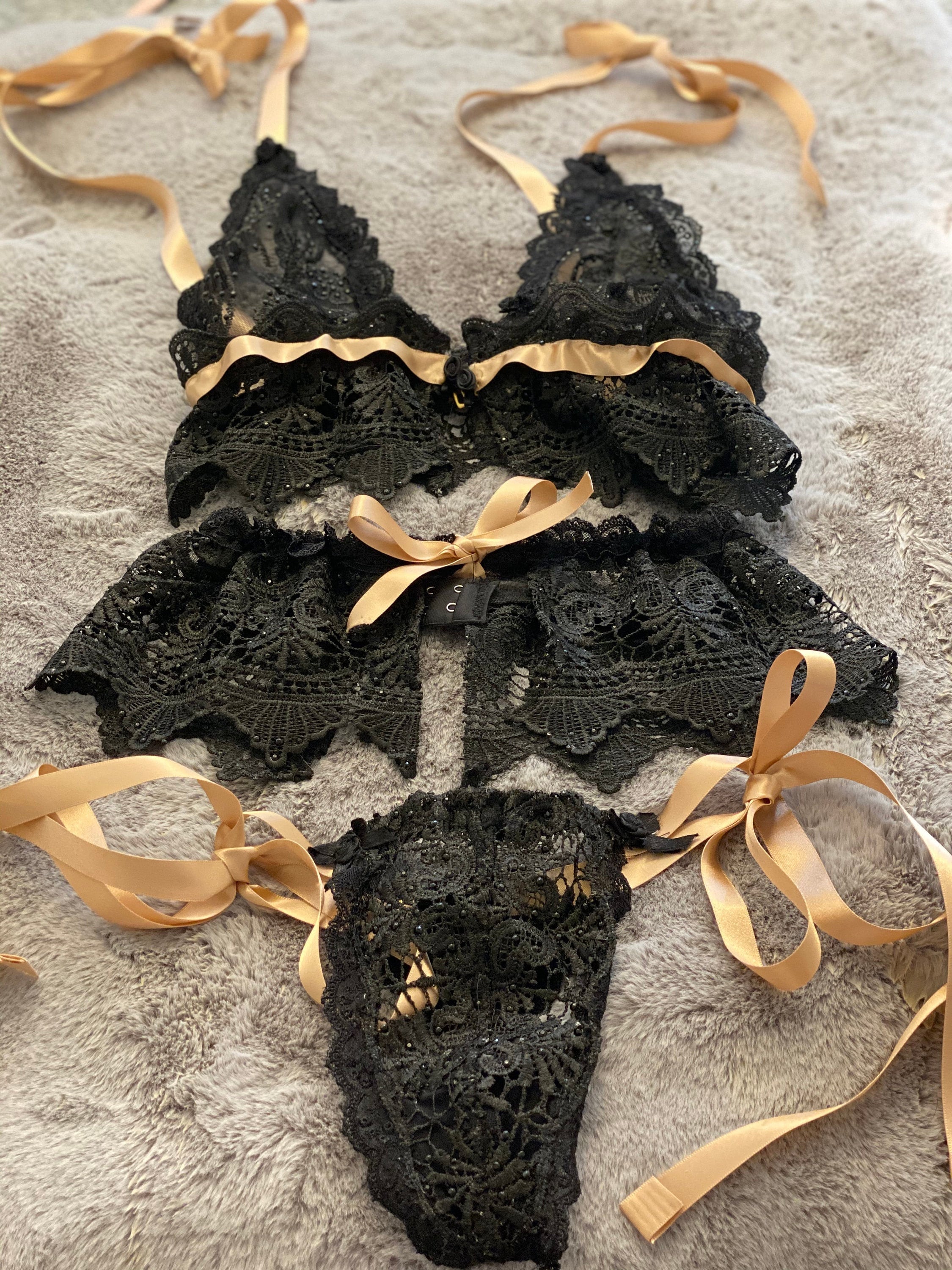 Black Lace Satin Sling Bra Black Lace Bra Adjustable Black Bra