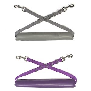 May include: Two dog leads with padded handles. The top lead is grey and the bottom lead is purple.