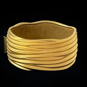 Vintage Cuff Bracelet Monet Modernist Wide Gold Plated  Wavy Ridges Hinged Clamper Bangle Statement 1980s