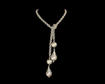 Necklace Monet Bolero Lariat Silver Tone Vintage 1960s 32" Serpentine Chain Book Piece Rare