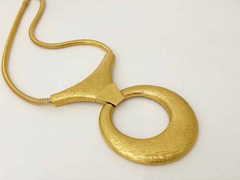 Crown Trifari Pendant Necklace Massive Modernist Circle Statement Vintage 1960s Midcentury Brushed Gold Tone Serpent Chain