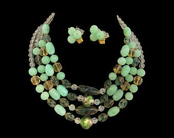 Bijoux Elfe Italy Necklace Glass Bead Earrings: Demi Parure Multistrand Green Iridescent Hand Blown Vintage 1960s Florence Venetian Clip On