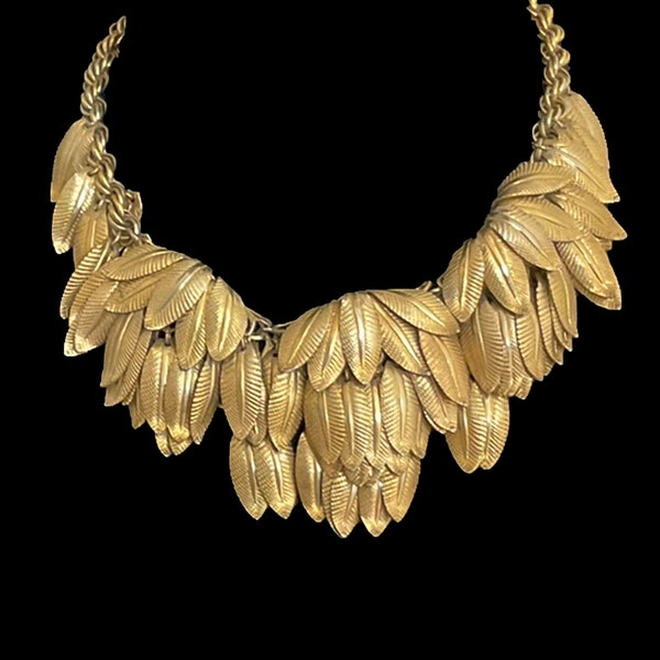 Napier Doris Day Necklace Choker Bib Die Stamped Leaves Gold Tone Rare Book Piece Eugene Bertolli Statement Vintage 1950s